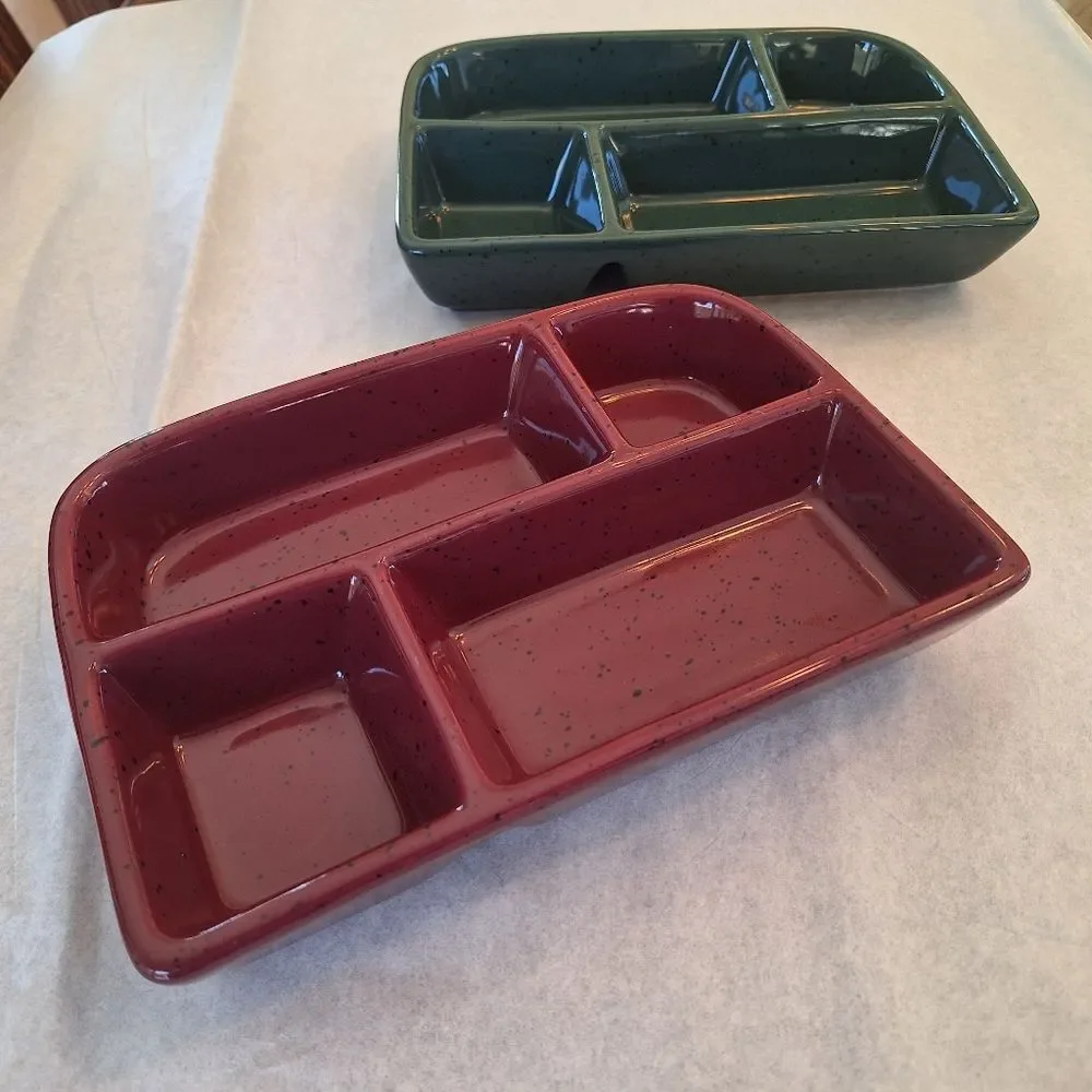 TWO Glazed Stoneware Trays with Four Compartments Sushi Condiments Divided Plate